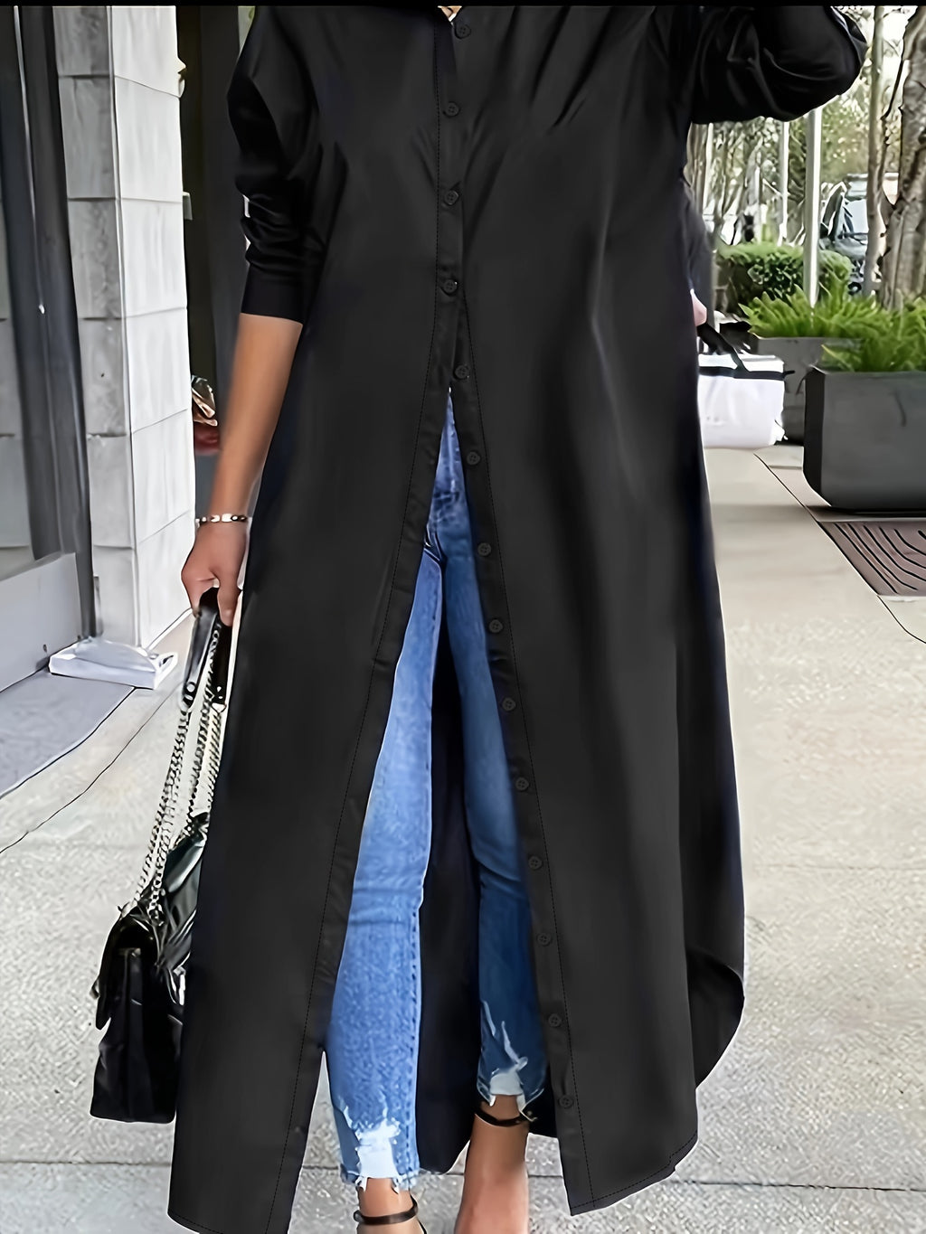 Women's Longline Shirt with Button Design, Casual Long Sleeve Outerwear for Year-Round Wear