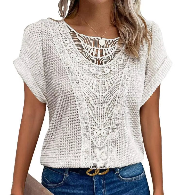 Women's Summer Casual Round Neck T-Shirt with Lace Stitching - Short-Sleeved Loose Fit Office Top