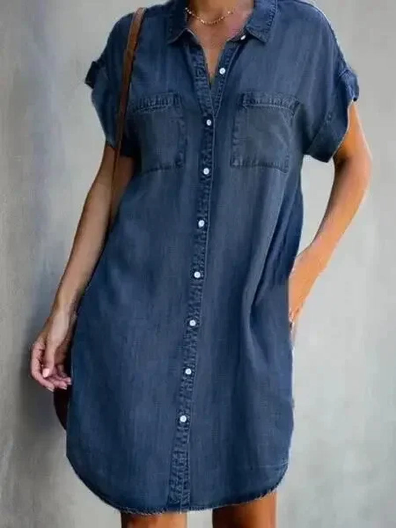 2023 Autumn Women's Plus Size Denim-Inspired Dress with Square Collar and Pockets - Casual Fashion for Ladies