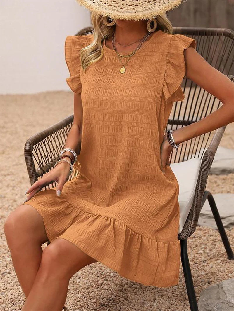 Women's Ruffle Trim Cut-Out Smock Dress with Butterfly Sleeves - Boho Textured Summer Dress for Beach Holidays