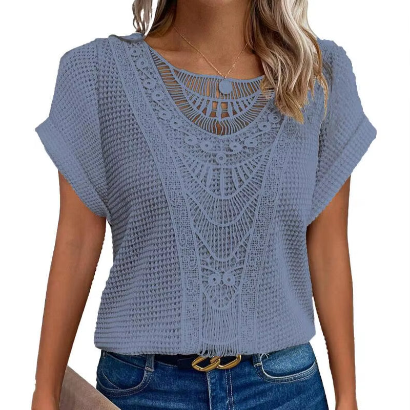 Women's Summer Casual Round Neck T-Shirt with Lace Stitching - Short-Sleeved Loose Fit Office Top