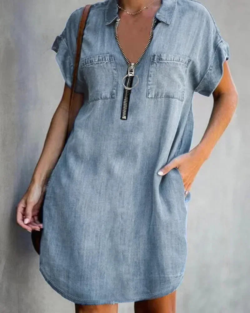2023 Autumn Women's Plus Size Denim-Inspired Dress with Square Collar and Pockets - Casual Fashion for Ladies