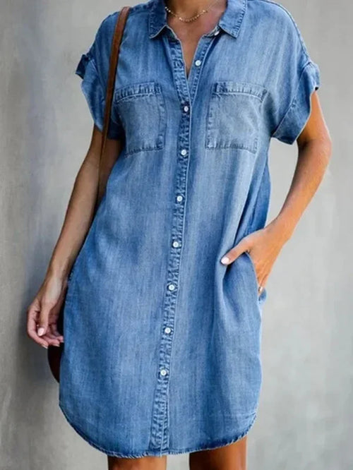 2023 Autumn Women's Plus Size Denim-Inspired Dress with Square Collar and Pockets - Casual Fashion for Ladies