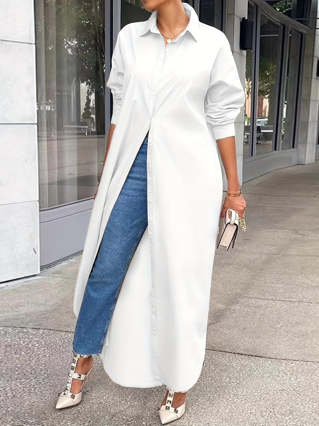 Women's Longline Shirt with Button Design, Casual Long Sleeve Outerwear for Year-Round Wear