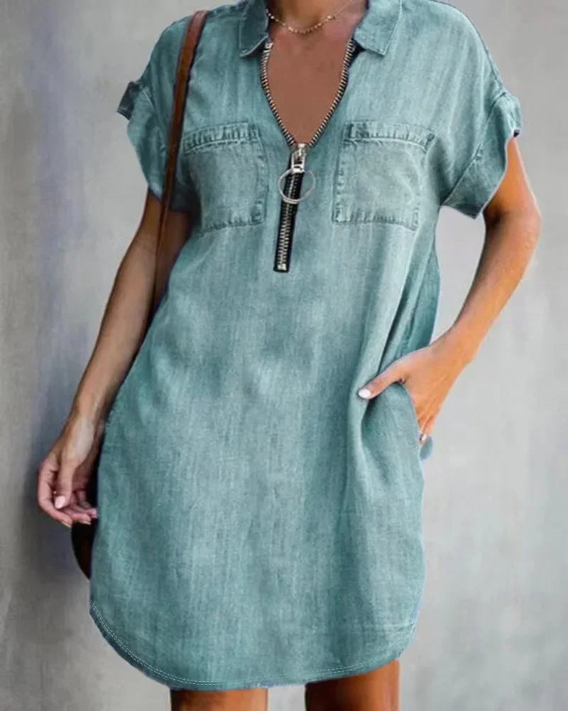 2023 Autumn Women's Plus Size Denim-Inspired Dress with Square Collar and Pockets - Casual Fashion for Ladies