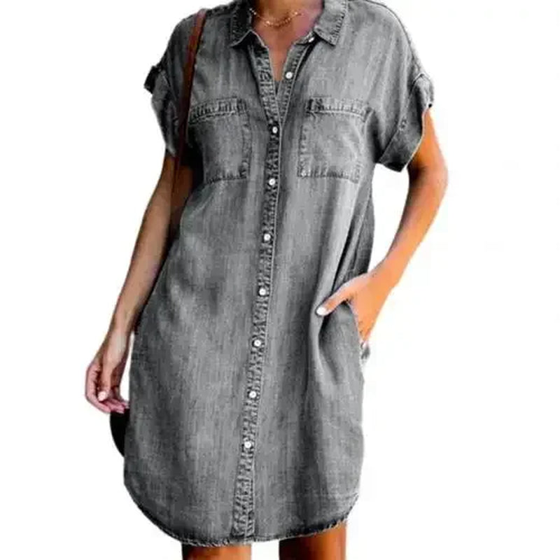 2023 Autumn Women's Plus Size Denim-Inspired Dress with Square Collar and Pockets - Casual Fashion for Ladies