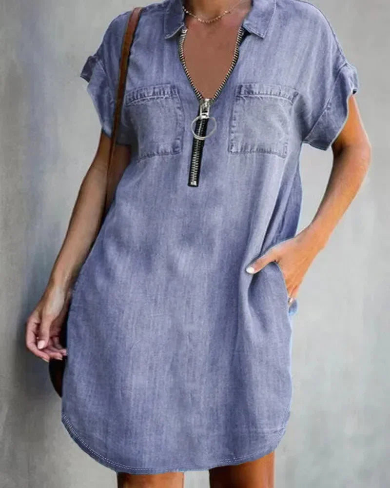 2023 Autumn Women's Plus Size Denim-Inspired Dress with Square Collar and Pockets - Casual Fashion for Ladies