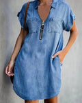 2023 Autumn Women's Plus Size Denim-Inspired Dress with Square Collar and Pockets - Casual Fashion for Ladies