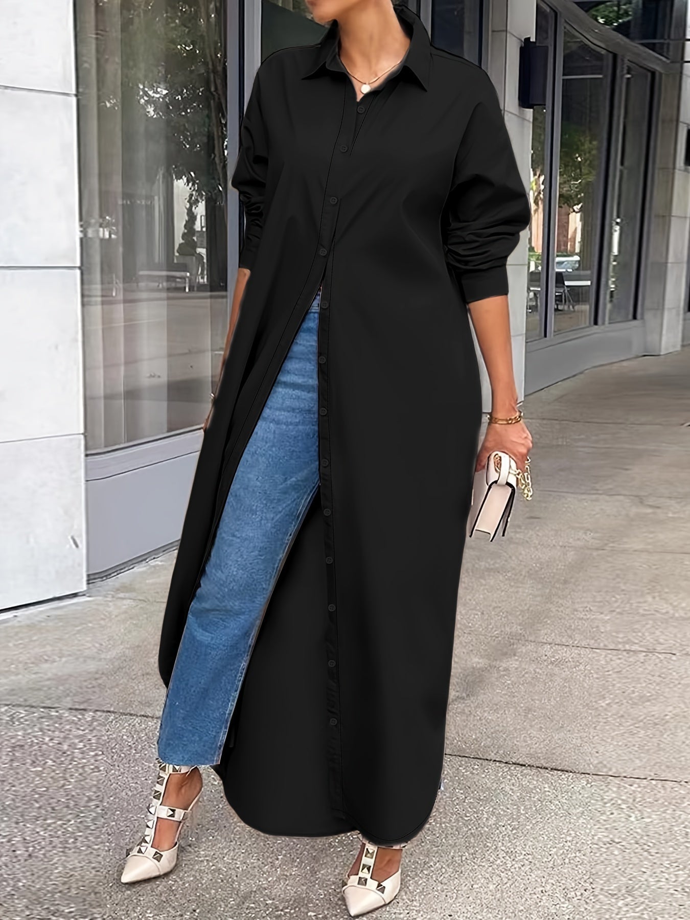 Women's Longline Shirt with Button Design, Casual Long Sleeve Outerwear for Year-Round Wear